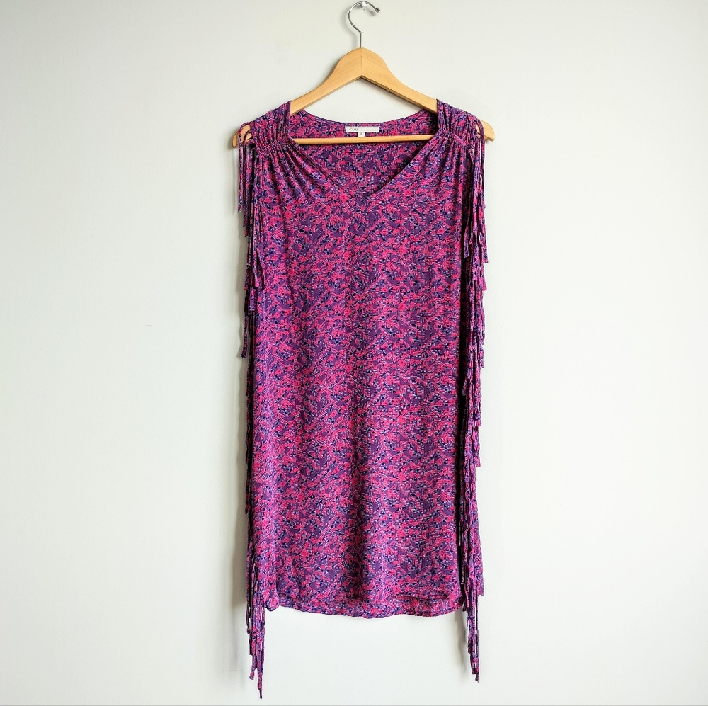 MAJE 100% Silk Sleeveless Boho Fringe Purple Pink Shift Mini Dress sz. S